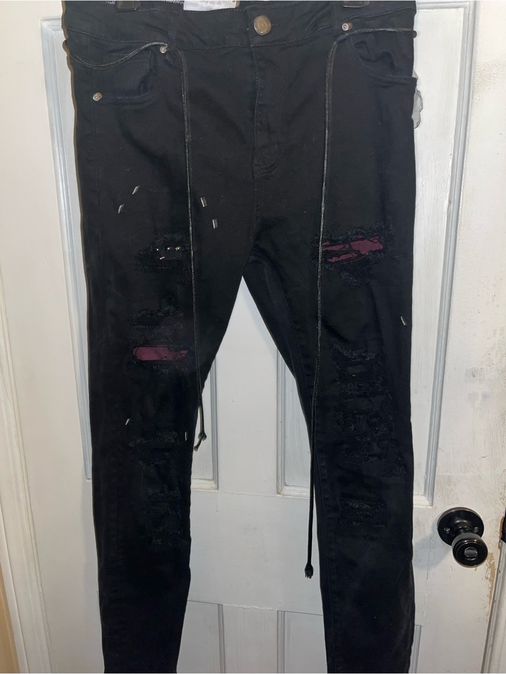 Men's Black Skinny Jeans with Purple Patch Accents